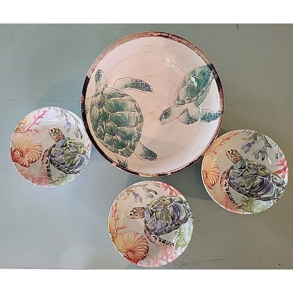 Melamine Serving Bowl W/3 Matching Bowls Turtles Tropical Tommy Bahama Christmas